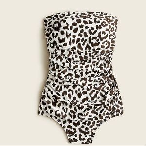 J.Crew Ruched bandeau one-piece swimsuit in leopard print.